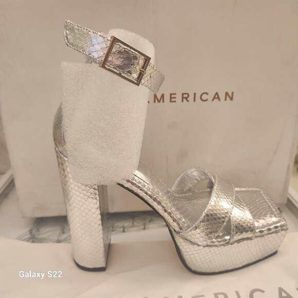 Good American Snake Silver Leather Platform Heels. NIB. Size: Various. - Picture 1 of 11